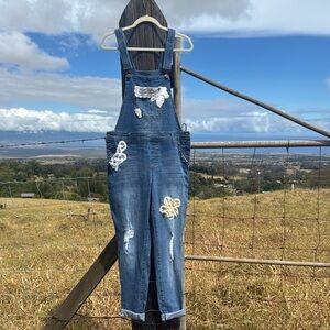 Upcycled Cottagecore Western Embellished Texas lace Denim Overalls